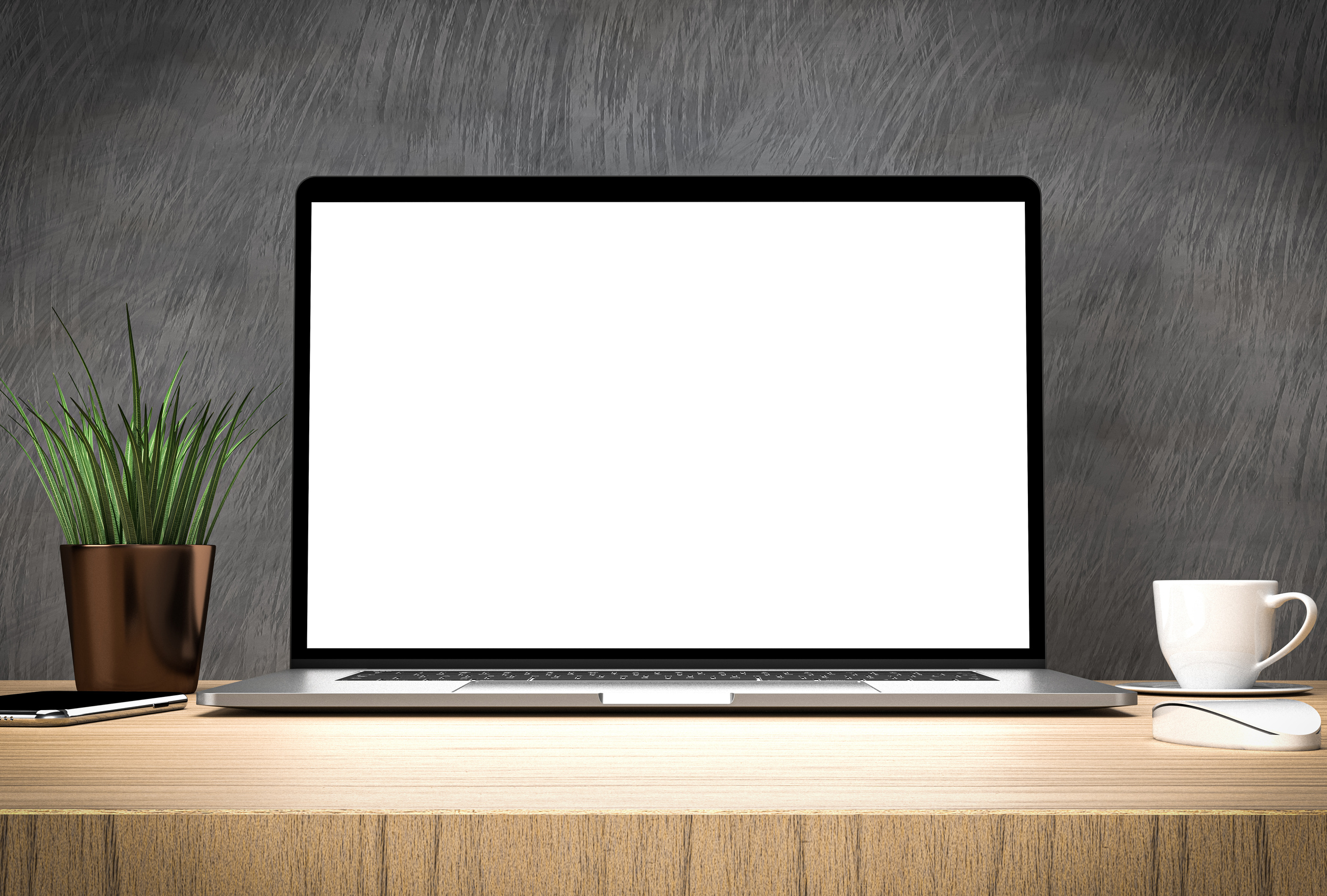 Laptop computer blank screen frame less on table in office interior building